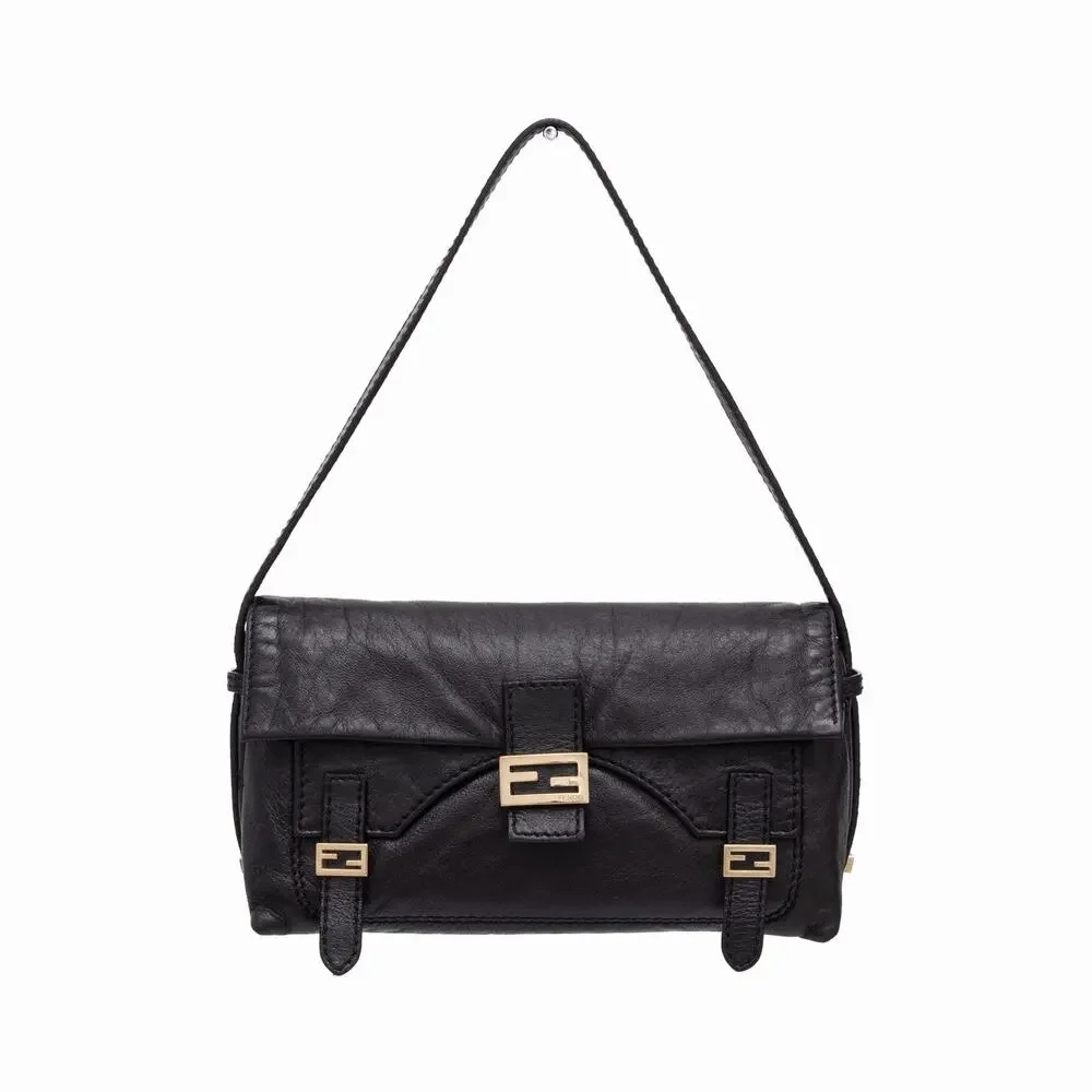 FENDI Sweety Sweet FF Baguette Black Napa Leather Shoulder Flap Bag VTG Y2K